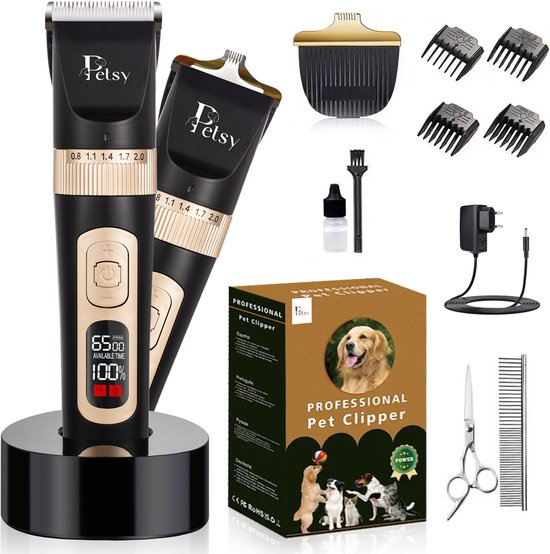 Petsy Professionele Hondentondeuse - 2-in-1 Dieren tondeuse voor Dikke Vacht - Stil - Scheerapparaat voor Honden en Katten - Honden Trimmer - Inclusief Oplaadstation