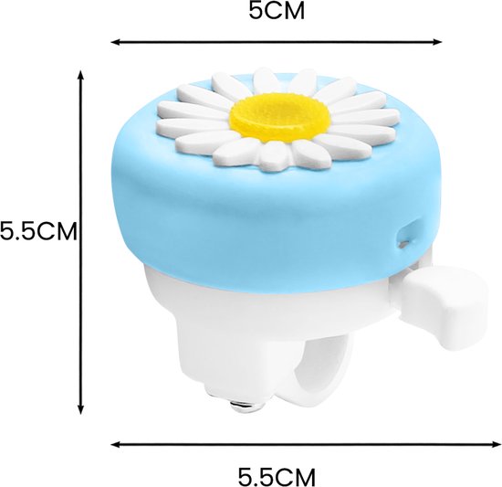 Lichtblauwe fietsbel met witte margriet, 5,5cm hoog en 5cm breed