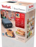 De verpakking van de Tefal Snack Collection toont het apparaat, wafels, broodjes en diverse snacks.