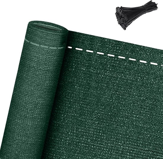 Rol van donkergroen schaduwdoek met bevestigingskabelbinders.
