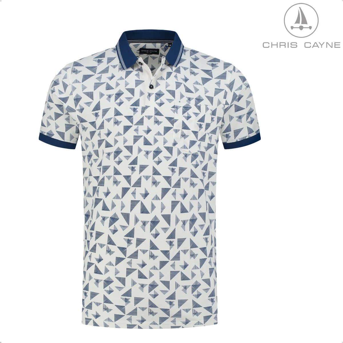 Chris Cayne heren polo - 3XL - offwhite met donkerblauw - geprint - polokraag - jersey - borstzak - grote maten - XXXL