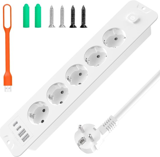 StayPowered Inbouw Stekkerdoos - Opladen Zonder Rommel op je Bureau - 5 Stopcontacten - 4 USB Poorten - 4000W Vermogen - Snelladen met Intelligente Detectie - Inschuifbaar Ontwerp - 2m Kabel - Wit - Levering Sneller dan Aangegeven!