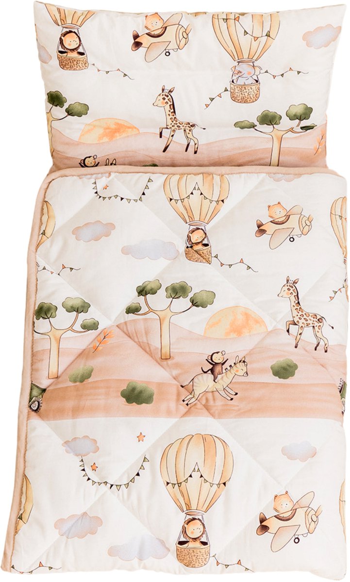 Amisly Peuter dekbed - Peuterdekbed - Afmeting 120x150 cm - 4 Seizoenen dekbed - Anti Allergisch - Katoen -Beige Safari Print - Natuurlijke Stof - Ademend - Inclusief Kussen