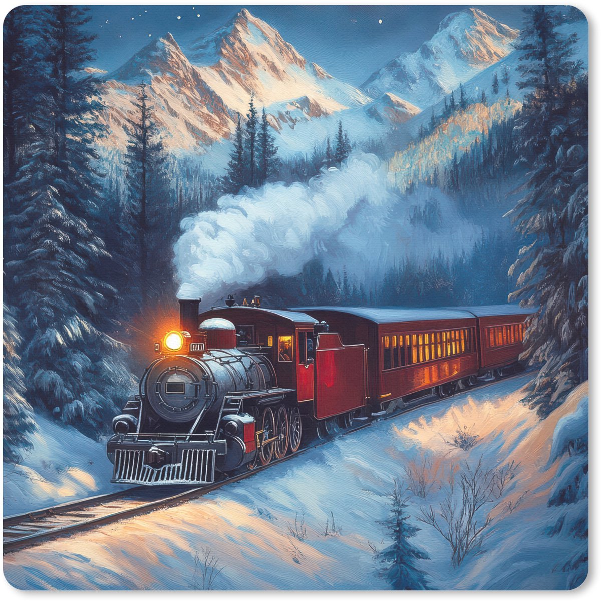 Muismat 20x20 cm - Mousepad Trein - Kerst - Sneeuw - Kersttrein - Muismatten
