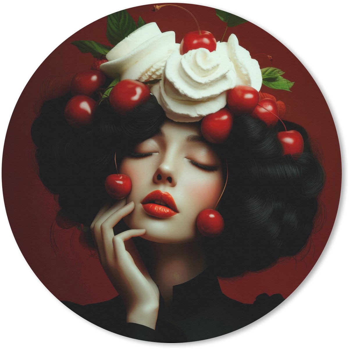 Muismat - Mousepad - Rond - Vrouw - Kersen - Slagroom - 20x20 cm - Ronde muismat