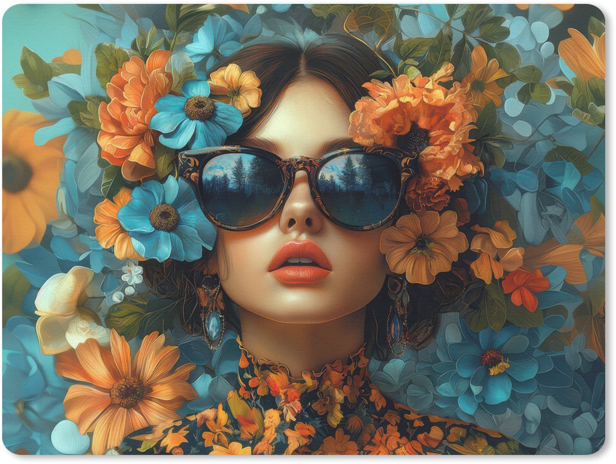 Muismat 23x19 cm - Mousepad Vrouw - Bloemen - Oranje - Blauw - Modern - Muismatten