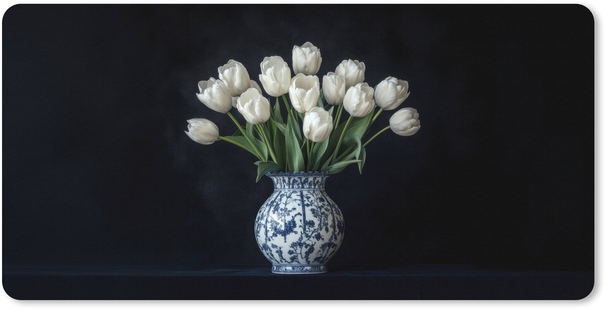 Muismat XXL 100x50 cm - Bureau onderlegger - Bureau mat Wit - Bloemen - Tulpen - Vaas - Bureaumat - Gaming mousepad xl - Bureaulegger groot - Computer deskmat