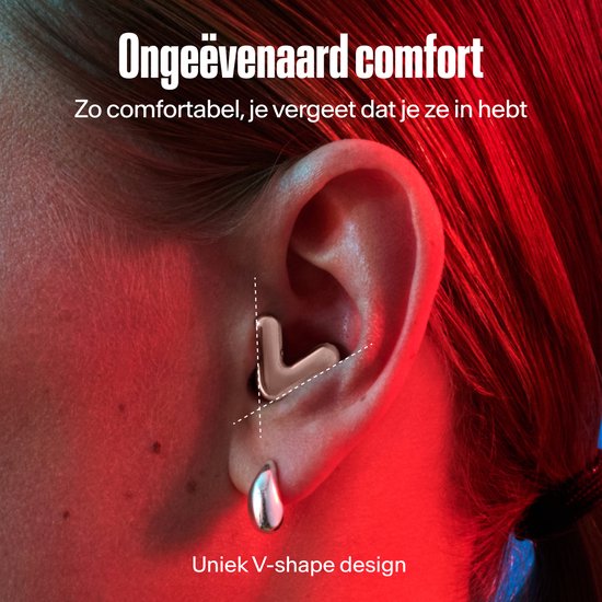 Close-up van een oor met een rosé gouden 'V'-vormig oordopje, met gestippelde lijnen die het "Uniek V-shape design" tonen.