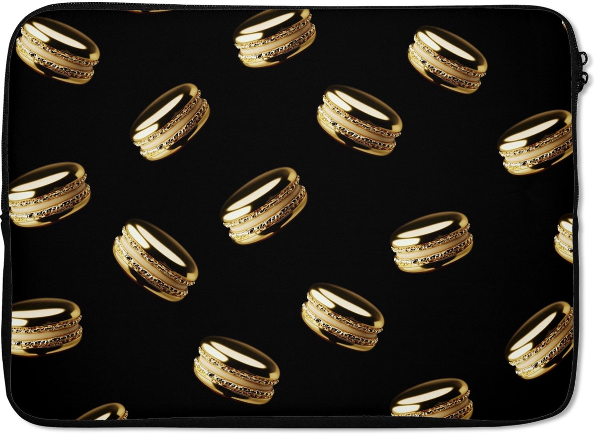 Laptophoes 14 inch - Macarons - Patroon - Goud - Zwart - Laptop sleeve - Binnenmaat 33x23 cm - Zwarte achterkant