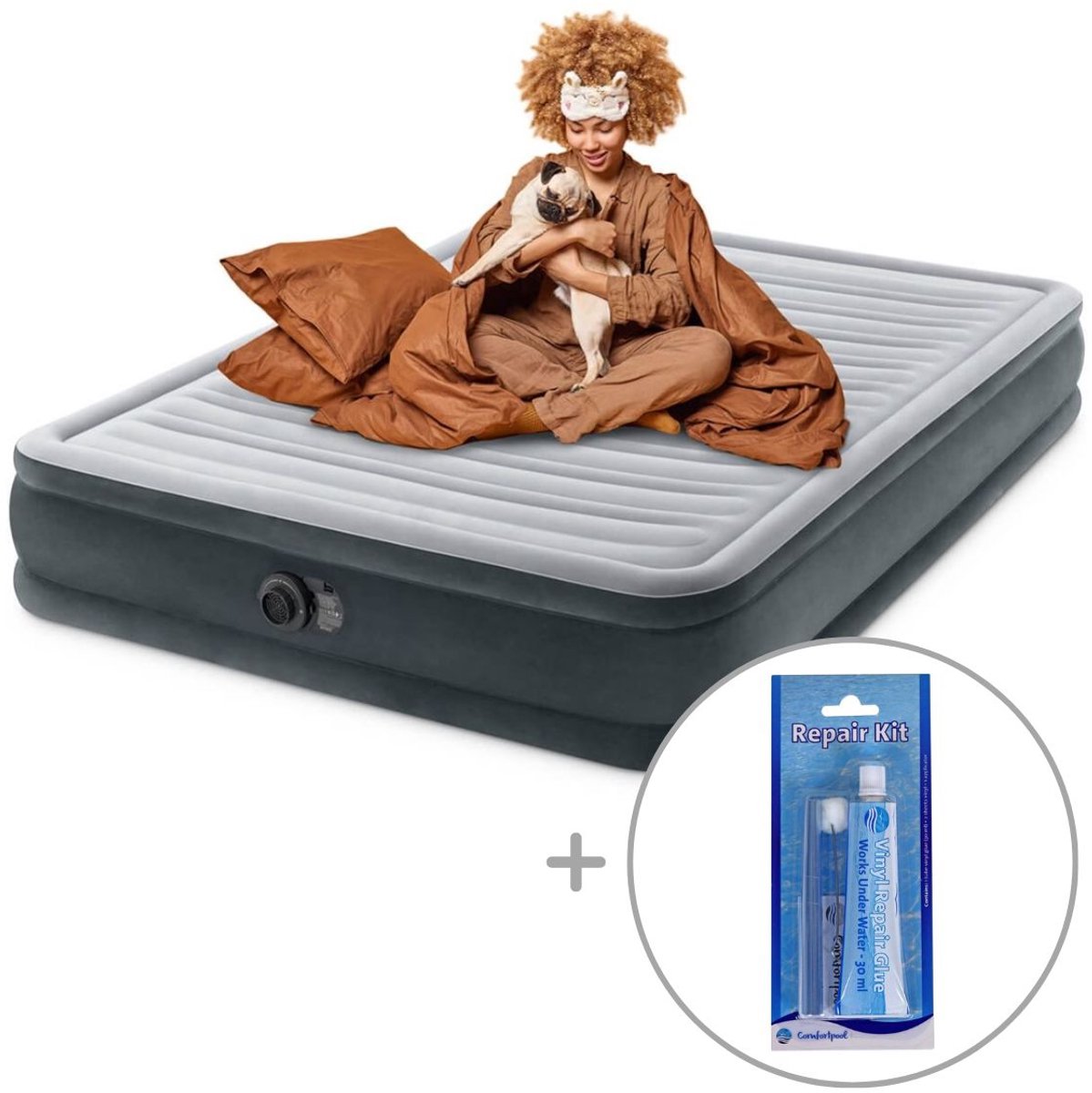 Intex Comfort Plush luchtbed met ingebouwde pomp | Tweepersoons | 203 x 152 x 33 cm | Inclusief reparatiekit