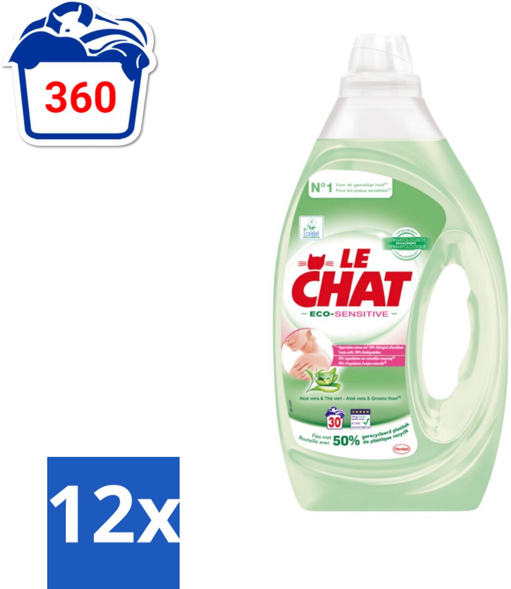 Le Chat Eco-Sensitive - Vloeibaar Wasmiddel - Witte en Gekleurde Was - Aloë Vera & Groene Thee - 30 Wasbeurten - Voordeelverpakking - 12 stuks