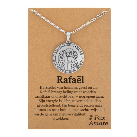 Aartsengel Rafaël Ketting op Cadeau Kaartje - Zilverkleurig - Beschermengel Talisman / Medalion - Engelen Hanger - 60cm