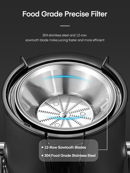 Sapcentrifuge - Slowjuicer - voor Groenten - Fruit - 400W - 65mm Vulopening - 3 Snelheden - Anti-Druppelfunctie - Oververhittingsbeveiliging - RVS - 1.6L - Zwart — afbeelding 2