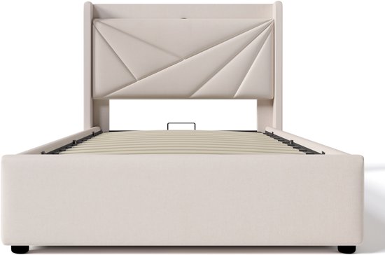 Lit simple rembourré avec espace de rangement sous le lit et tête de lit chargeur USB Type C, lits de rangement cadre de lit en matière lin lit jeune 90x200 avec sommier à lattes (sans matelas) beige