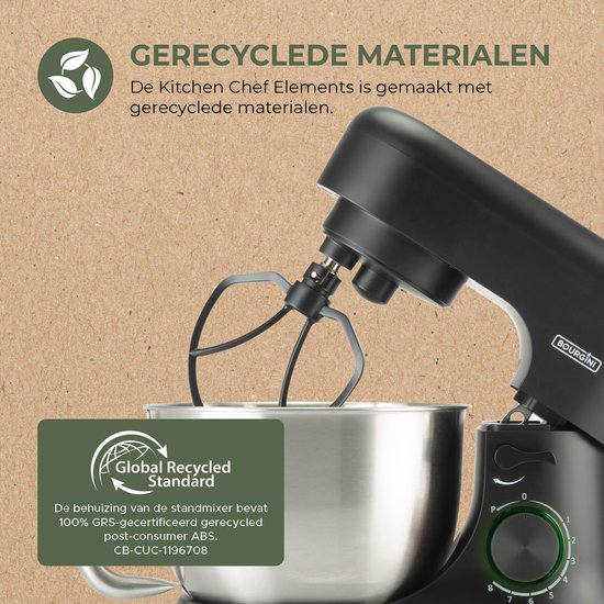 Bourgini Elements Keukenmachine - 1000W - 4,5L Mengkom - 8 Snelheden - Pulsfunctie - 3 Vaatwasserbestendige Accessoires - 100% Gerecycled Materiaal (GRS-gecertificeerd) van Bourgini — afbeelding 5