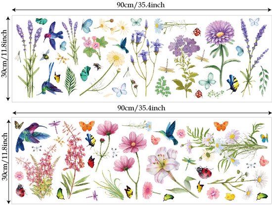 Deux ensembles de stickers muraux représentant des fleurs, des papillons, des colibris et des coccinelles, avec dimensions de 90x30 cm.