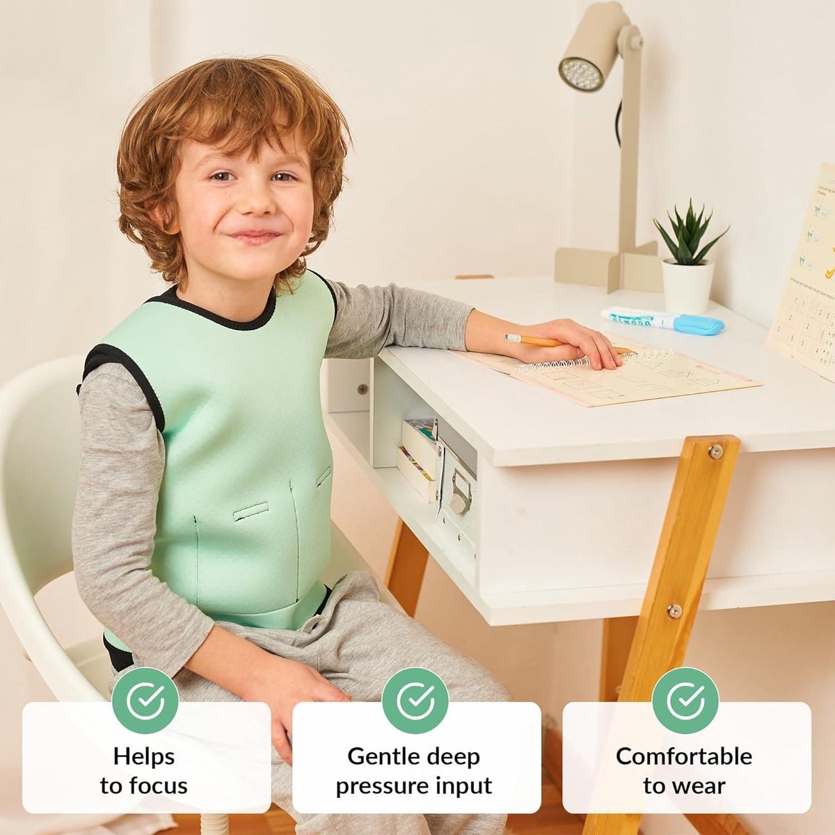 Gilet De Compression Lesté Pour Enfants 2-14 Ans – Aide Pour L'Autisme, TDAH, SPD, Troubles Sensoriels – Poids De 3 Lbs Inclus – Bleu, Taille L (10 Ans Env.)