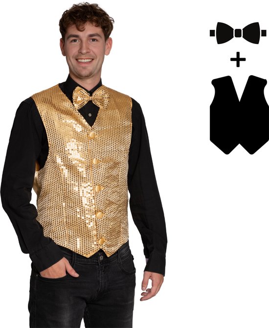 Partychimp Verkleed Gilet en Strik met Pailletten voor Volwassenen Carnavalskleding Heren Foute Party Verkleedkleding Glitter en Glamour Pailletten vest met Strik Man - Polyester - Goud - 2-Delig Gilet/Vlinderstrik - Maat 2XL