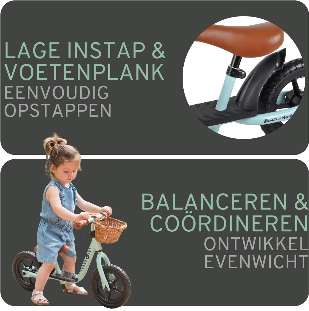 Bandits & Angels Metalen Loopfiets Starter Mintgroen met Voetenplank vanaf 2 Jaar - Limited Edition - Mintgroene Loop Fiets - Verstelbaar Zadel 29 tot 39 cm - Voor Jongens en Meisjes - Compact en Veilig - Lage Instap met Voetenplank — afbeelding 7