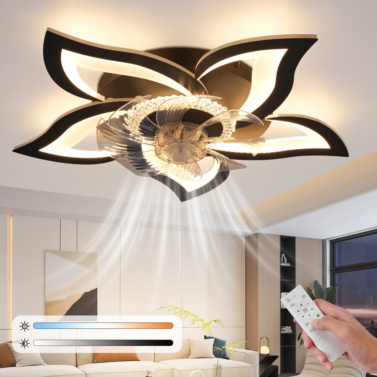 NETTLIFE LED Plafondventilator met Verlichting - Zwart - 48W - Stille Plafondventilator - Plafondlamp met ventilator - Dimbaar 3000K-6500K met afstandsbediening - Timer - 6 standen Ventilator - Slaapkamer plafondlamp - voor woonkamer | Eetkamer