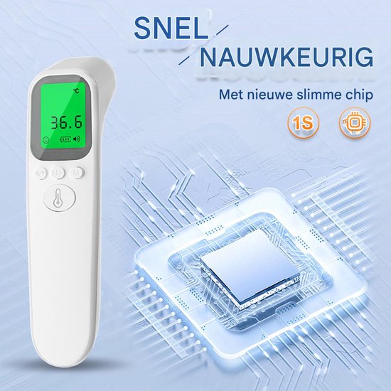 Witte thermometer met groen LCD-scherm dat 36.6°C aangeeft, naast een afbeelding van een computerchip en de tekst 'Snel / Nauwkeurig'.
