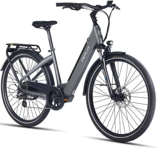 Elektrische Fiets Deruiz Quartz Grijs - 644Wh/15Ah Accu - 161 km Bereik - 250W/55Nm Motor - 28" Wiel met Lage Instap Frame - Hoogwaardig Aluminium Frame - Voorvork Vering - Shimano 8 Versnellingen - App Controle - Bluetooth Verbinding - LCD Display