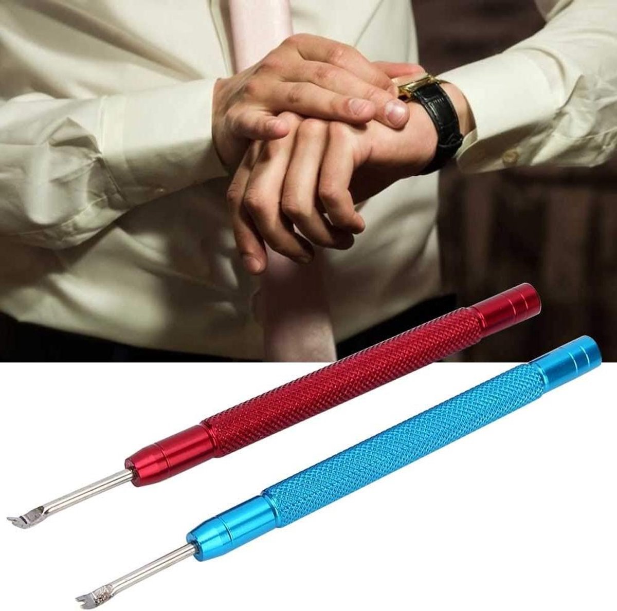 Nieuwjaarsspecial 2021 - Accessoires voor horloge-handpers (rood + blauw) gereedschap voor polshorloges 2 stuks voor horlogemakers thuis reparatie van horloges reparatie van horlogebandjes.