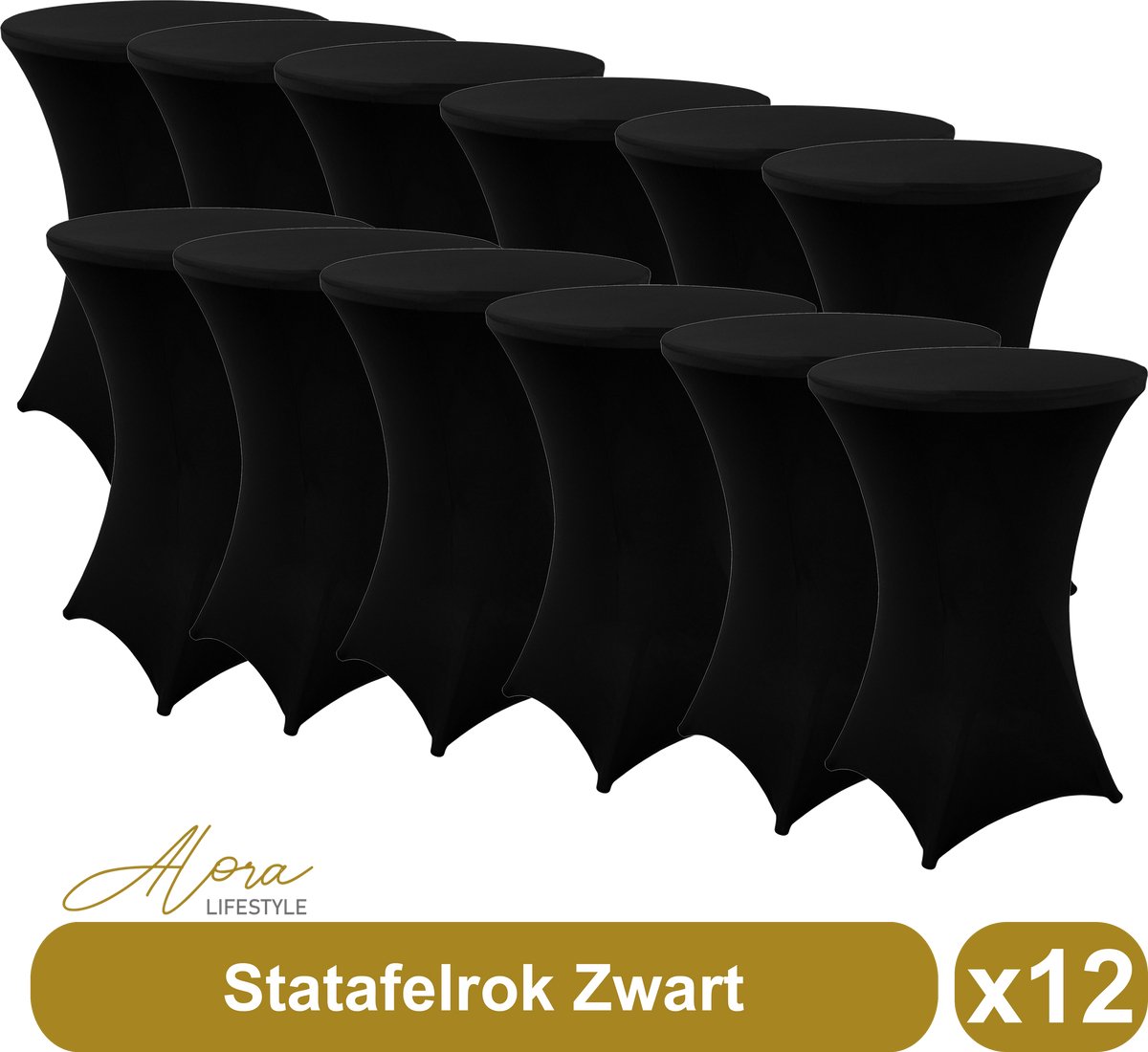 Alora Statafelrok zwart 80 cm - per 12 - partytafel - Alora tafelrok voor statafel - Statafelhoes - Bruiloft - Cocktailparty - Stretch Rok - Set van 12