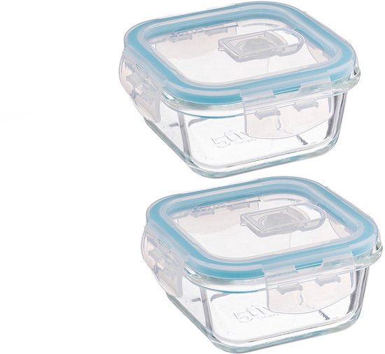 Set van 2 Kristalglas Lunchboxen – 330 ml Vershoudbakjes met Lichtblauw Randje – Glazen Lunchbox voor Salade, Snacks of Meal Prep – 12 x 12 x 6,5 cm