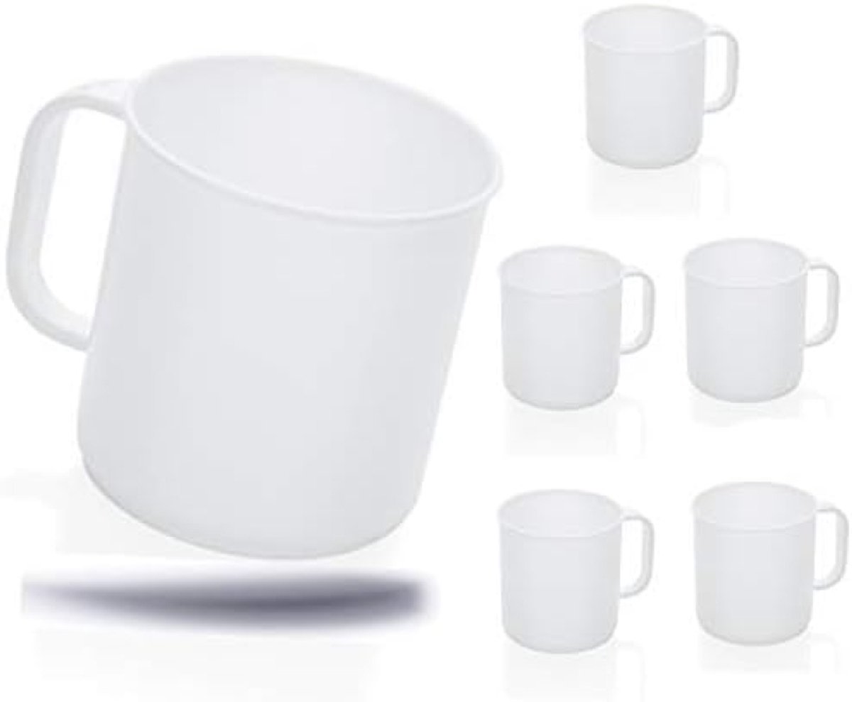 PolkaHome Set van 6 drinkbekers met handvat, wit, 0,3 liter, vaatwasmachinebestendig, stapelbaar, ideaal voor camping, picknick en bootuitrusting