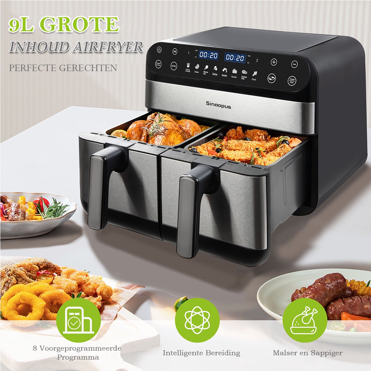Afbeelding 2 van Digitale Airfryer XXL 9L Sinaopus 920 – Heteluchtfriteuse met Dubbele Mand en DualMand Onafhankelijke Snelle Opwarming – Voor Gezinnen – 8 Programma’s – LED Touchscreen – Kijkvenster – Makkelijk te Reinigen – Capaciteit voor 7 Personen