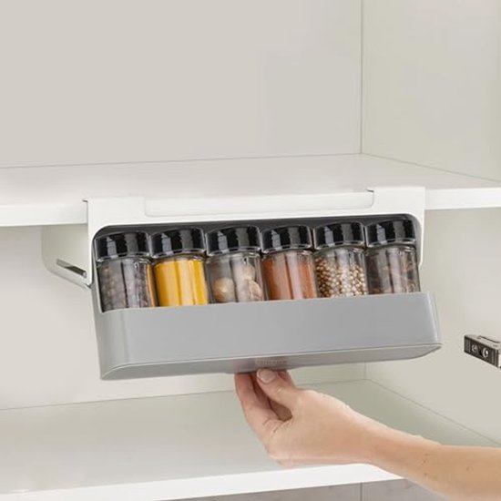 Kruidenrek Met 6 Kruidenpotjes, Kruidenrek Onder De Plank Keukenaccessoires Uitschuifbaar Kruidenrek Kruidenorganizer Voor Plankdikte Tot 1 8 Cm Kruidenlades Zonder Boren Kast Grijs En Wit