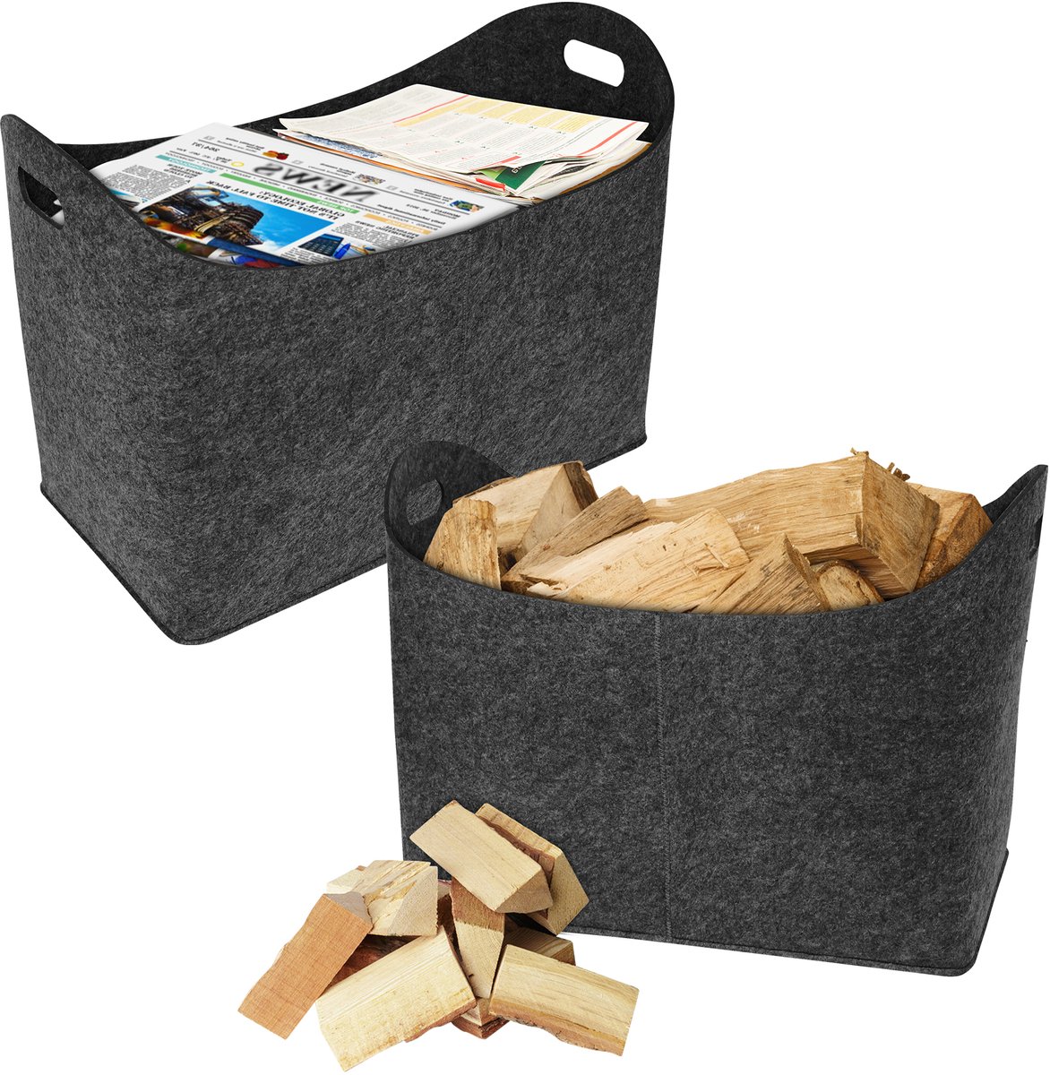 2x vilten tassen brandhoutmand draaghengsels houtmand voor brandhout vilten mand 5mm houtmand boodschappenmand opbergmand (55 x 30 x 40 cm, donkergrijs)