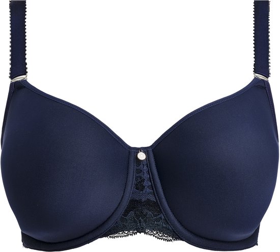 Marineblauwe Fantasie T-shirt beha met kant aan de onderkant van de cups en verstelbare bandjes. Een kleine decoratieve knoop is zichtbaar in het midden.