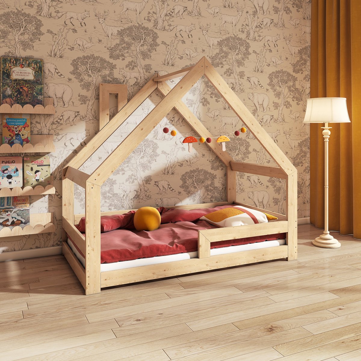 Need Sleep - Montessori Kinderbed Huisbed Peuterbed met Uitvalbescherming - Naturel Hout - 80x160 cm - met schoorsteen - symmetrisch