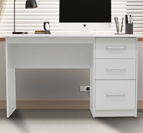 Bureau Mateo 121x60x75cm met drie lades - wit - Rousseau - Bureau - Wit - MDF