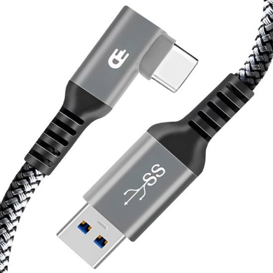 Drivv. USB naar USB C Kabel - Haaks - USB C Data en oplaadkabel - Fast Charge / Snellader - 1 Meter Kort - Geschikt voor Samsung, iPhone 15 en Meer - Grijs