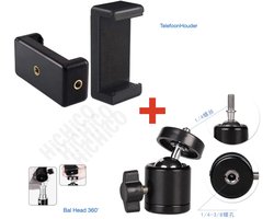 Statiefkop - 360 Graden Ball Head Statief - Camera Adapter - Mini Balhoofd - 360 ° Draaigreep horizontaal voor Smartphone Statief Camerastatief - ¼” mini ball head - Balhoofd + Telefoonhouder - Universele Telefoonhouder voor statief