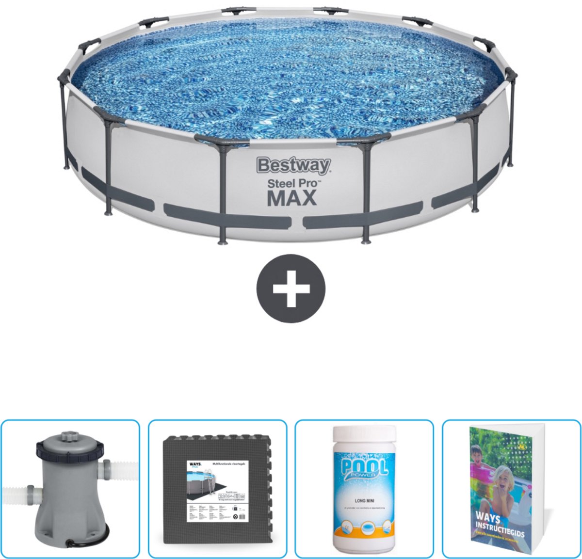 Bestway Rond Steel Pro MAX Zwembad – 366 x 76 cm – Grijs – Inclusief Pomp Vloertegels – Chloor – Zwembadgids Bestway Rond Steel Pro MAX Zwembad – 366 x 76 cm – Grijs – Inclusief Pomp Vloertegels – Chloor – Zwembadgids