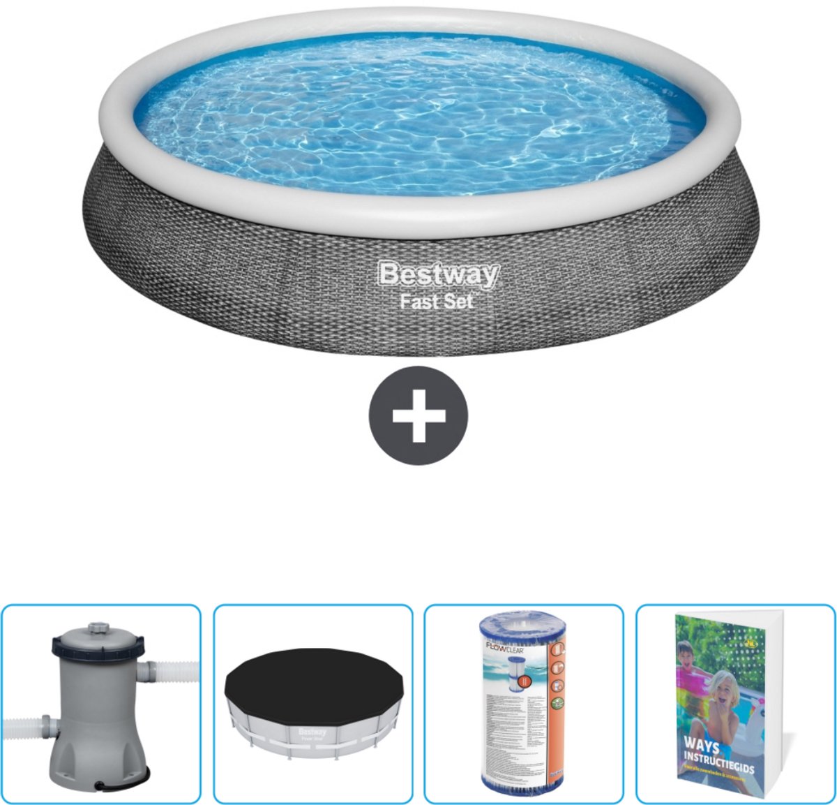 Bestway Rond Opblaasbaar Fast Set Zwembad - Rotanprint - 396 x 84 cm - Inclusief Pomp Afdekzeil - Filter - Zwembadgids