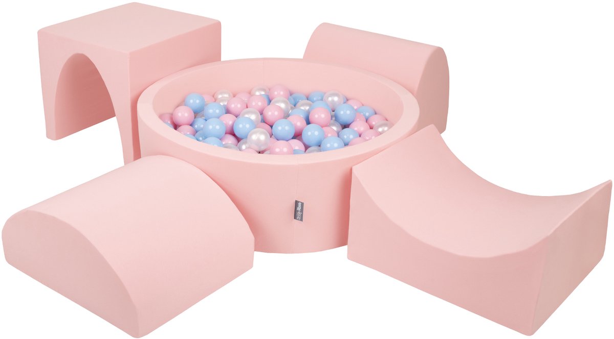 KiddyMoon schuimspeelplaats met ronde ballenbak (300 ballen) ballenbakken voor baby's speelbad hindernisbanen, made in the eu, roze:babyblue/powderpink/parelmoer