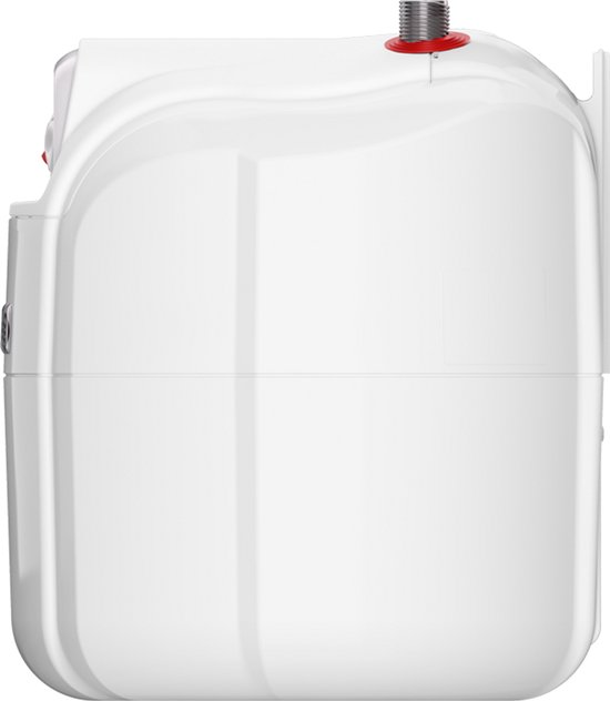Zijaanzicht van een witte Eldom boiler, met een aansluiting aan de bovenzijde en een rode knop.
