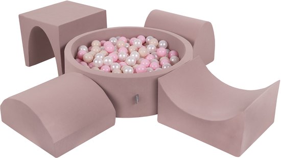 KiddyMoon Foam speeltuin PPZP-OK30D-135 met ballen heide: pastel-beige-powderroze-parel zwembad 300/groef/tunnel/ramp L/semi-bal
