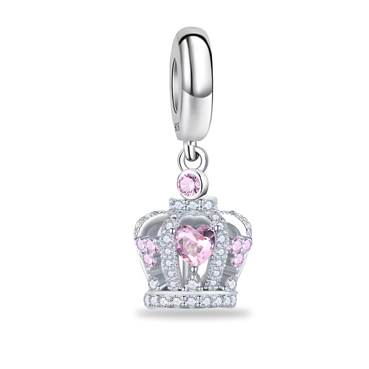 Kroon Bedel - Sterling Zilver Roze Gestenen Kroon Charme, Keen Jewel, Crown Charm - Sterling Silver Pink Stoned Crown Charm