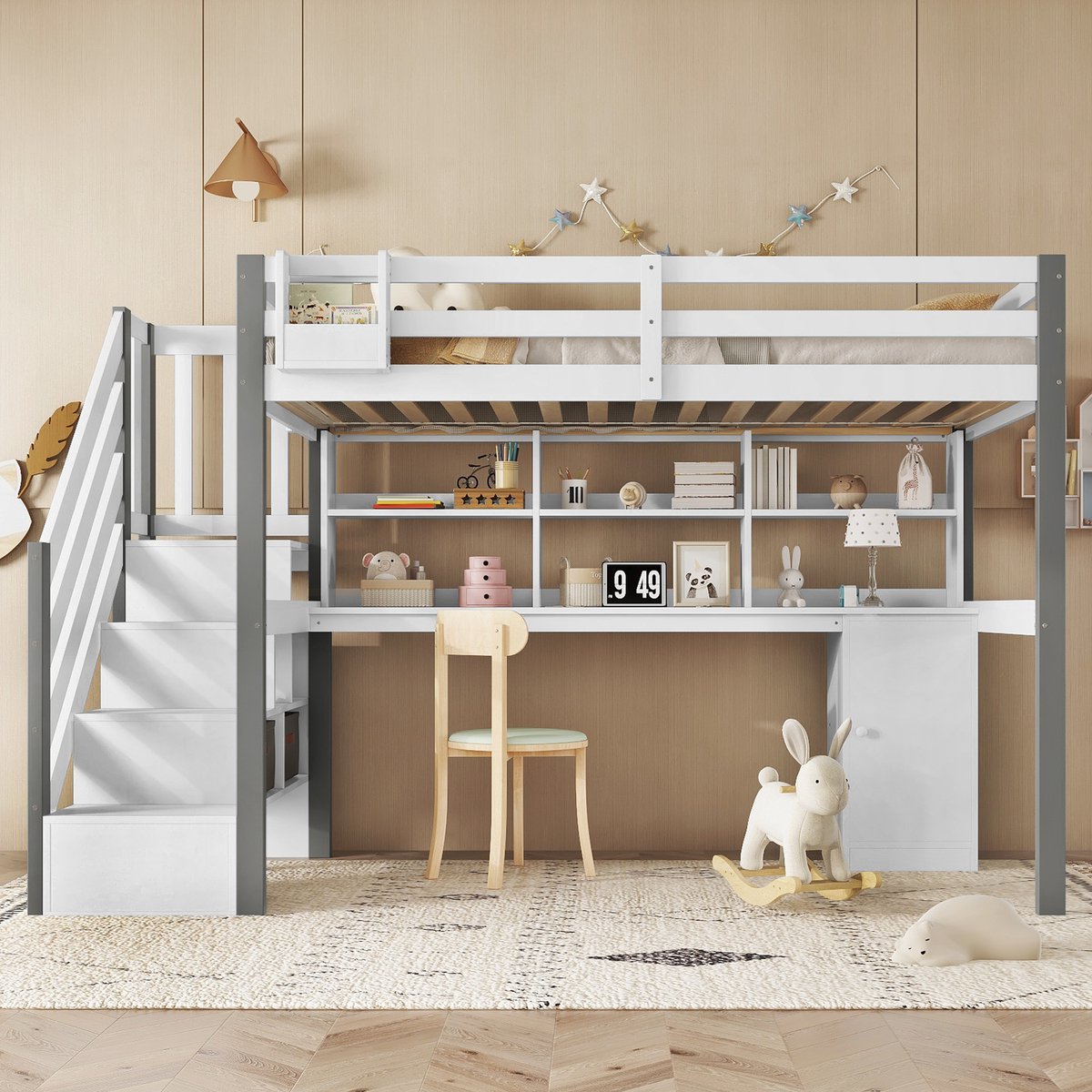 Sweiko Hoogslaper - 90x200cm - met Bureau + stoffen laden + Opbergkast - Open planken - Wit + grijs