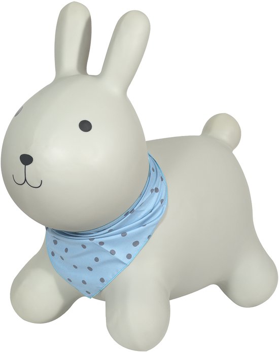 Zijzicht van een grijs konijn skippybal met blauw-grijs gestipt sjaaltje.