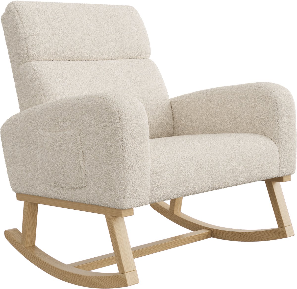 Schommelstoel van pluche stof, Woonkamerfauteuil met zijvakken en massief houten onderstel, Schommelstoel voor kinderen Schommelstoel voor woonkamer, slaapkamer, Beige