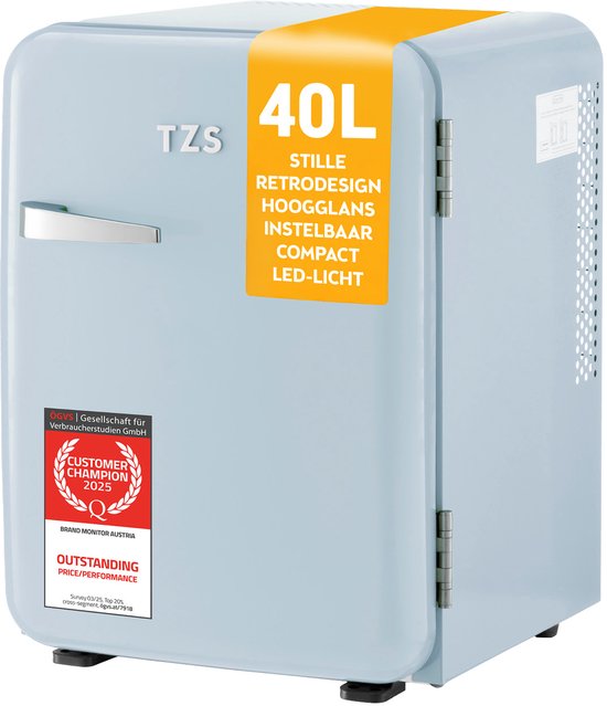 TZS First Austria Mini koelkast - Minibar - 40 liter - Vrijstaand - Volledig stil 22dB - Retro - Blauw