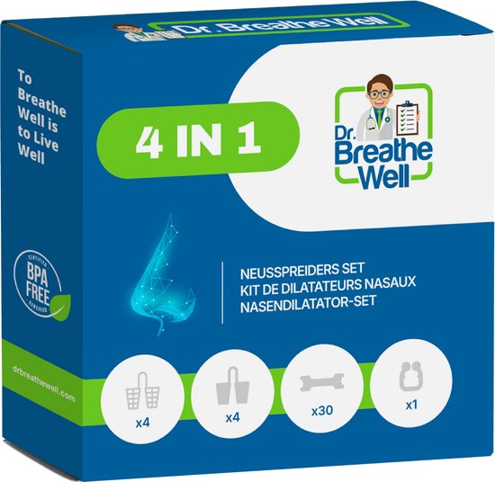 Dr. Breathe Well ™ - Compleet 4 in 1 Anti Snurk Neusspreider Pakket - 30x Neuspleisters medium/large - 4x Zachte neusspreiders - 4x Stevige neusspreiders - 1x Neusklem met magneet - Simply the right choice!