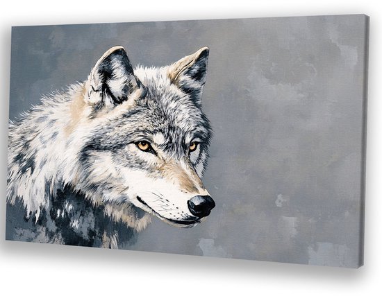 Minimalistisch wolf portret kunst - Wolf portret - Schilderijen dieren - Realisme kunststroming - Landelijke schilderijen - Decoratie woonkamer - canvas 90x60 cm